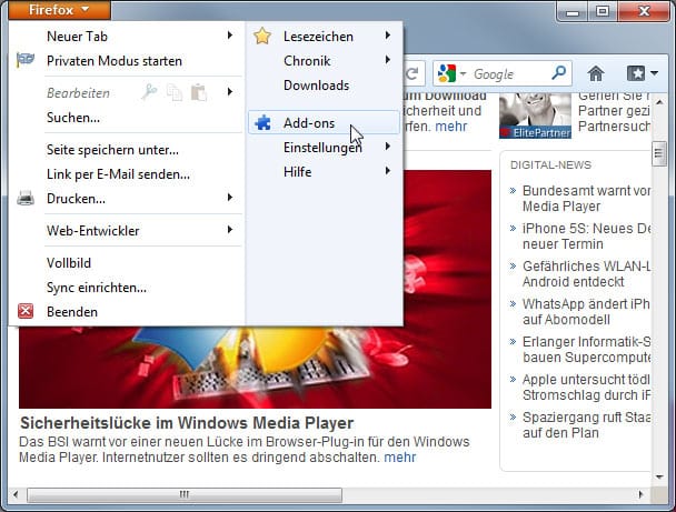 Mediaplayer-Plug-in im Firefox-Browser deaktivieren.