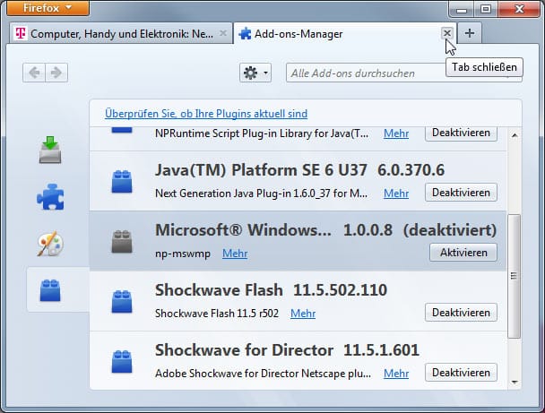 Deaktiviertes Windows Media Player-Plug-in im Firefox