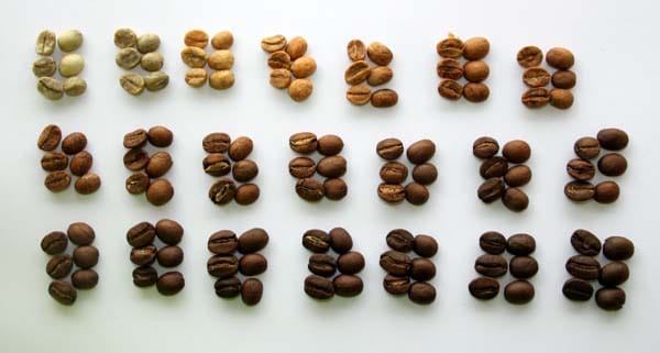 Je länger Kaffeebohnen geröstet werden, desto dunkler werden sie - nach fünf Minuten sind sie noch recht hell (2. v. l., oberste Reihe), nach 22 Minuten sind sie fast schwarz (r. unten).