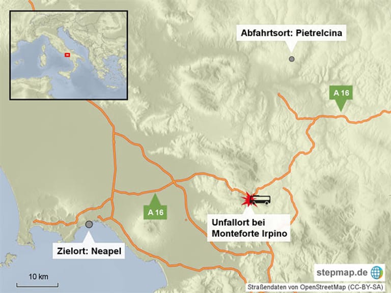 Der Unfall ereignete sich auf der Autobahn 16 östlich von Neapel zwischen Monteforte Irpino und Baiano.