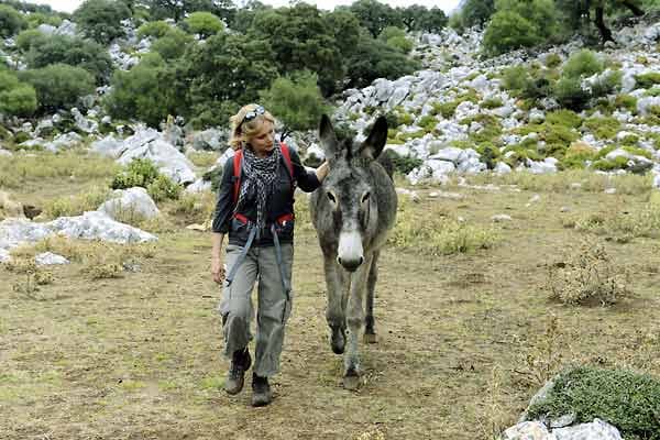 Wanderin mit Esel in der Sierra Grazalema.