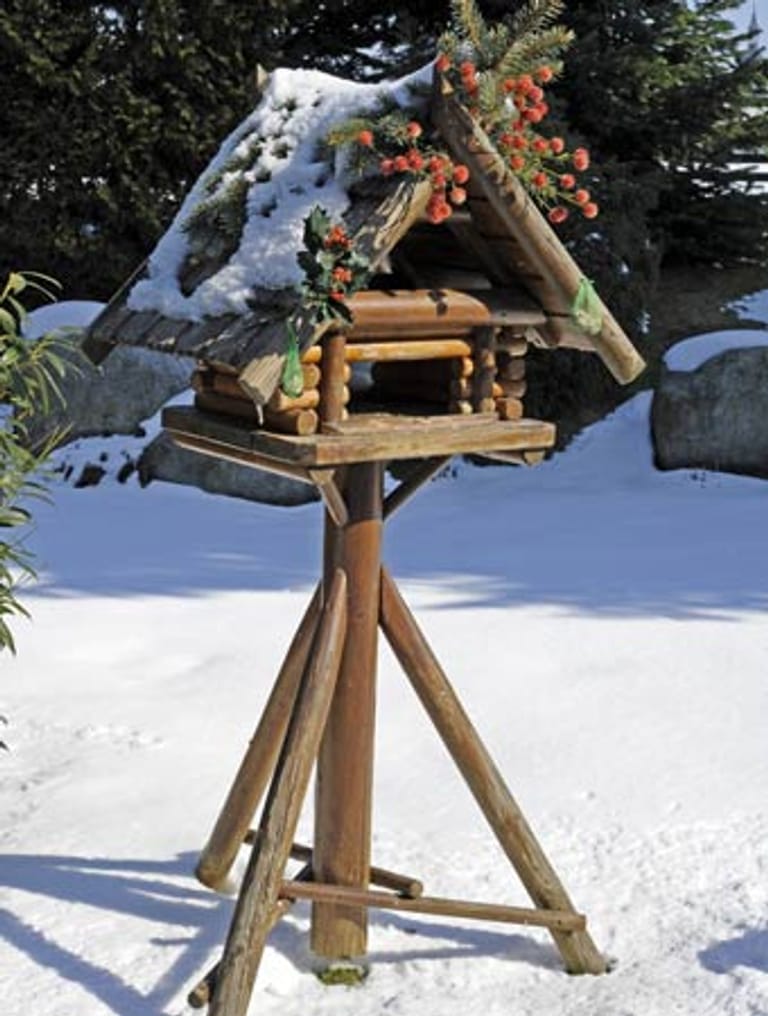 Vogelhäuschen aus Holz im schneebedeckten Garten