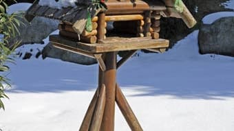 Vogelhäuschen aus Holz im schneebedeckten Garten