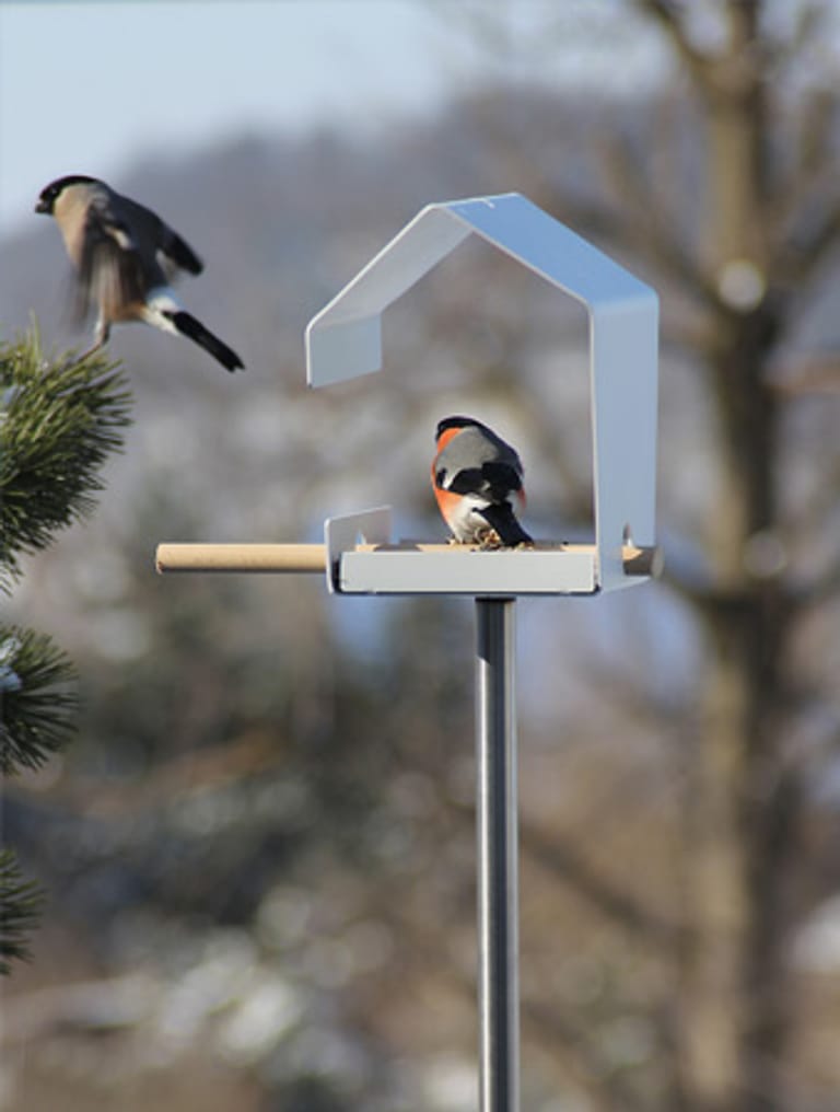Vogelhäuschen im Bauhausstil mit Spitzdach und zwei Vögeln