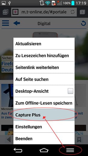Die Funktion Capture Plus im Browser macht ein Bildschirmfoto der kompletten Internetseite.