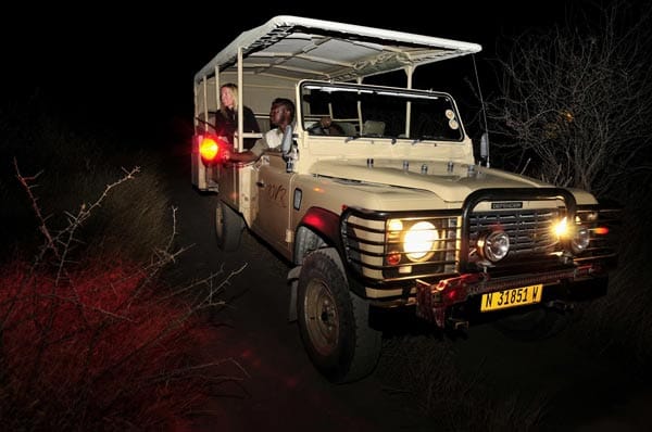 Bei Nacht und im offenen Geländewagen wird die Safari zum Nervenkitzel.