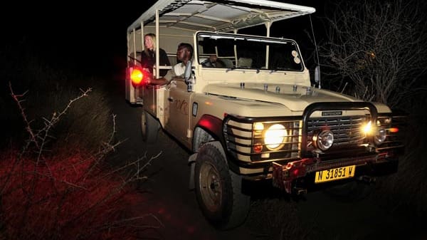 Bei Nacht und im offenen Geländewagen wird die Safari zum Nervenkitzel.