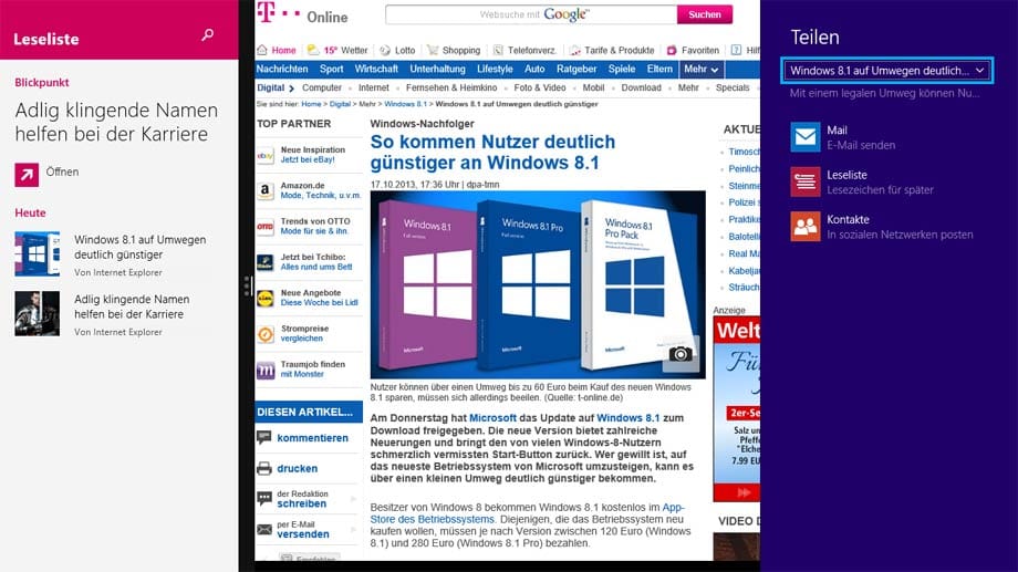 Leseliste-App von Windows 8.1 in Aktion