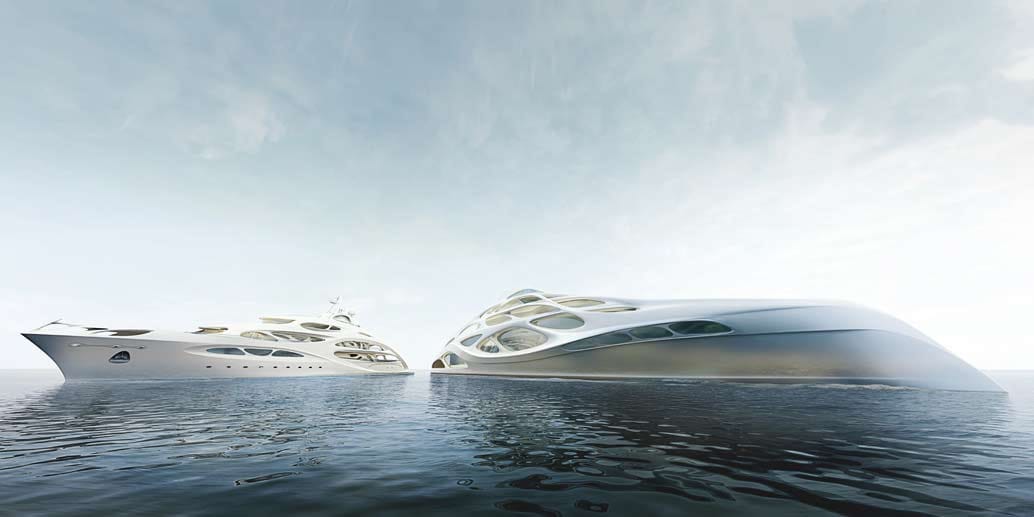 Als Basiskonzept dient eine 128-Meter-Yacht (rechts). Auf diesem Modell basieren fünf weitere 90-Meter lange Boote wie zum Beispiel die Yacht "Jazz" (links).