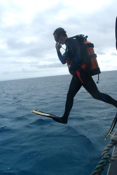 Tauchlehrer macht einen Schritt in das australische Meer.