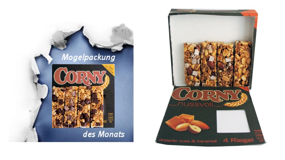 Als "echte Luftpackung" bezeichnet die Verbaucherzentrale Hamburg den Karton für die "nussvoll"-Riegel von Corny. Macht man den Karton auf, ist er nur zur Hälfte mit Müsliriegeln gefüllt. Dafür gab es den Titel "Mogelpackung des Monats Oktober".