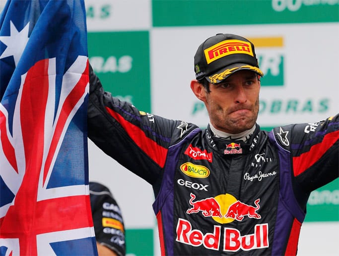 Das letzte Saisonrennen ist auch der Abschied von Mark Webber. Auf dem Siegertreppchen zeigt er Emotionen.