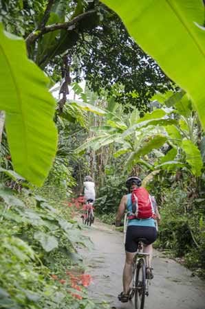 Mit dem Mountainbike durch die Gärten Hues, Vietnam.