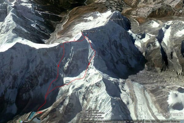 Erstbesteigung des Likhu Chuli I im Himalaya: Ines Paperts Routen im Aufstieg (links) und Abstieg (rechts).
