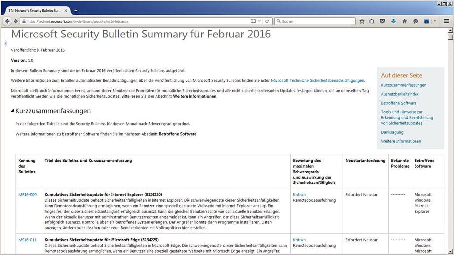 Microsoft Bulletin Übersicht für Februar 2016