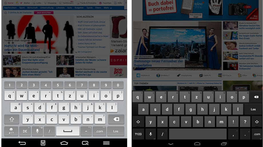 Hier der direkte Vergleich der virtuellen Tastatur der LG-Oberfläche (links) und von einem "nackten" Android eines Nexus-Tablets.