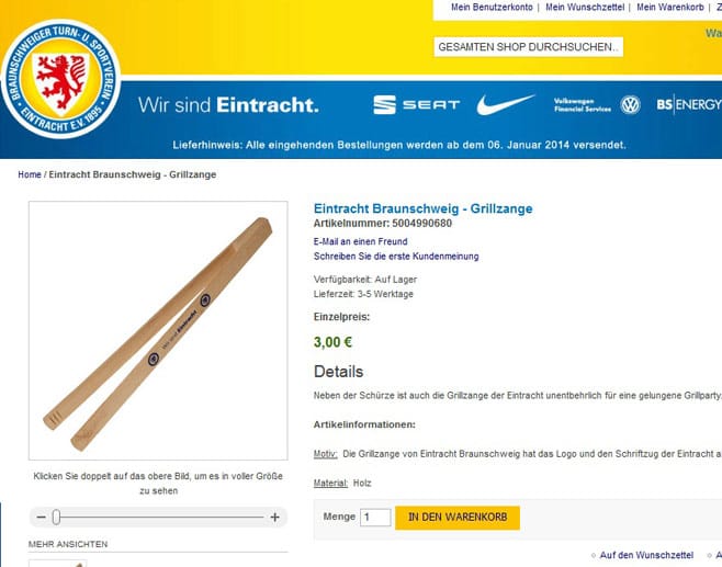 Auch als Anhänger von Eintracht Braunschweig muss man beim Grillen nicht auf Fan-Utensilien seines Klubs verzichten. "Neben der Schürze ist auch die Grillzange der Eintracht unentbehrlich für eine gelungene Grillparty", schreiben die Niedersachsen auf ihrer Website.