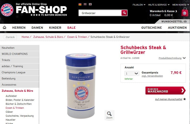 Der FC Bayern München hat ein extrem breites Merchandising-Sortiment. Unter anderem bietet der deutsche Rekordmeister "Schubecks Steak & Grillwürzer" zum Kauf an.