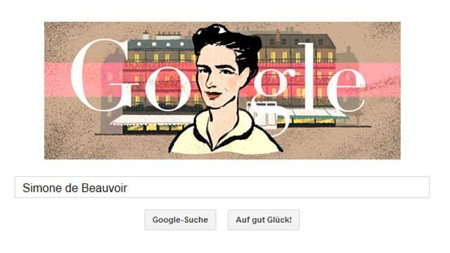 Google Doodle zum Geburtstag der französischen Schriftstellerin und Feministin Simone de Beauvoir.