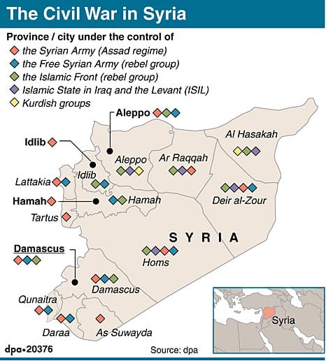 Komplizierte Verteilung der Territorien im Bürgerkriegsland Syrien.