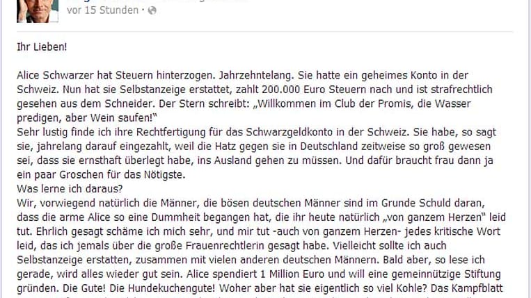 Der Moderator Jürgen Domian äußerte sich mit Ironie und Sarkasmus auf Facebook über den Fall Alice Schwarzer.