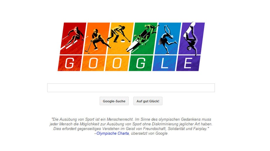 Olympische Winterspiele 2014 in Sotschi: Google protestiert mit einem Doodle in Regenbogenfarben gegen Diskriminierung Homosexueller.