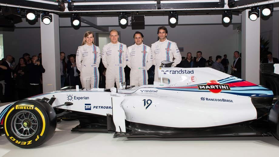 Susie Wolff, Valtteri Bottas, Felipe Massa und Felipe Nasr (v. li.) posieren vor dem FW36.