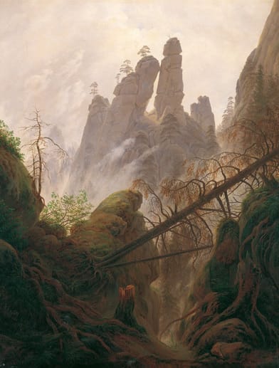 Gemälde "Felsenlandschaft im Elbsandsteingebirge" von Caspar David Friedrich.
