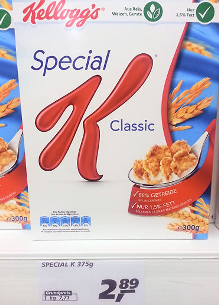 "Kellogg's Special K Classic" sind 25 Prozent teurer geworden. Früher gab es für 2,89 Euro 375 Gramm, jetzt nur noch 300 Gramm.