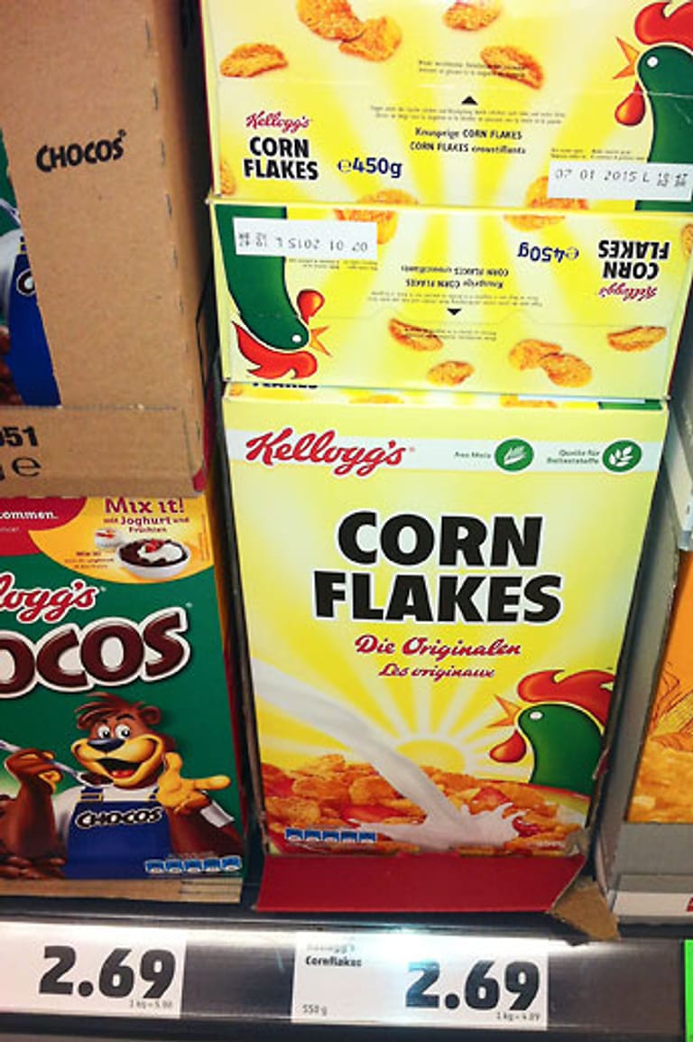 Die Packung "Kellogg's Corn Flakes Die Originalen" enthält jetzt nicht mehr 550 Gramm, sondern nur noch 450 Gramm - zum gleichen Preis.