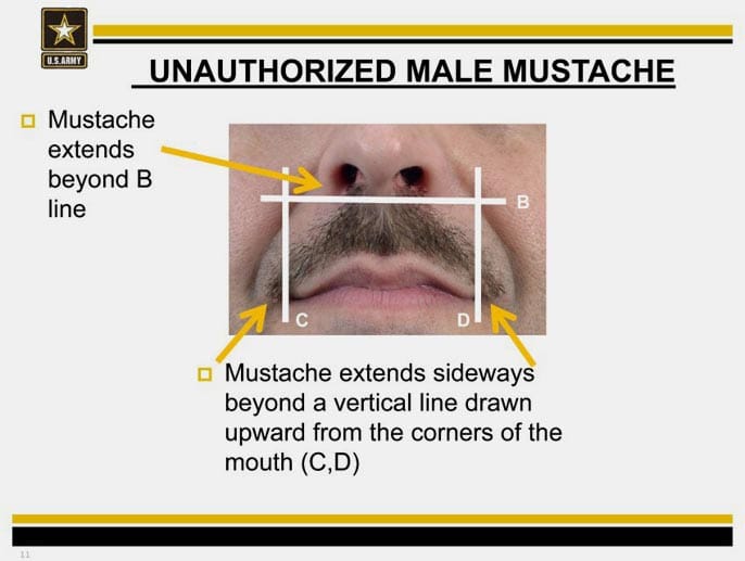 Doch nicht nur Frauen sind die Leidtragenden: Soldaten, die einen Bart tragen wollen, müssen ihn vorschriftsmäßig trimmen. Bei den Mundwinkeln ist Schluss.
