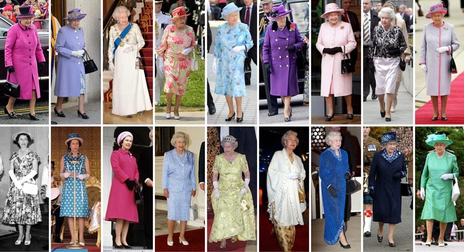 Hosen trägt sie fast nie, einen Hut dafür umso öfter: eine kleine Auswahl der zahlreichen farbenfrohen Outfits, in denen Queen Elizabeth über die Jahrzehnte auftrat.