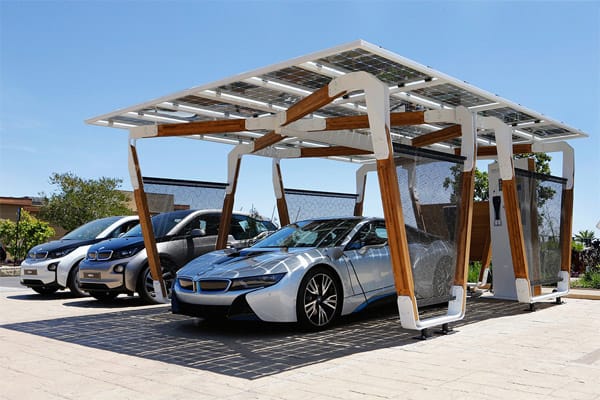 Die Lithium-Ionen-Batterie wird per Schnellladestation, beispielsweise mit einem BMW i Solar Carport, in unter zwei Stunden zu 80 Prozent wieder geladen. Auch der rein elektrische BMW i3 kann dort andocken.