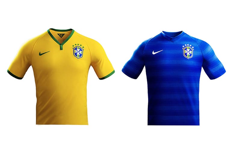 Brasilien: Der WM-Gastgeber besticht durch klassisches Kanariengelb mit grünen Elementen, rechts das blaue, quergestreifte Alternativtrikot.