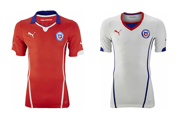 Chile: Auch der Nachbar des WM-Gastgebers orientiert sich beim Heim-Trikot an den Landesfarben. Rechts das zweite Jersey vom deutschen Hersteller Puma.
