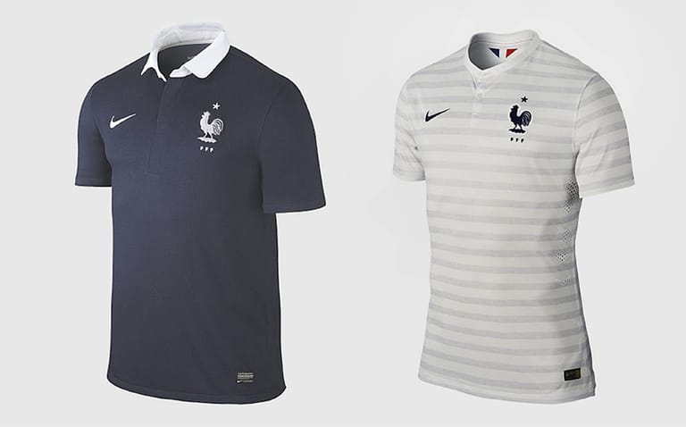 Frankreich: Die Equipe Tricolore kommt schon lange nicht mehr "dreifarbig" daher. Der Dress wirkt relativ fad, das rechte Auswärtstrikot erinnert an Seemanns-Kleidung.
