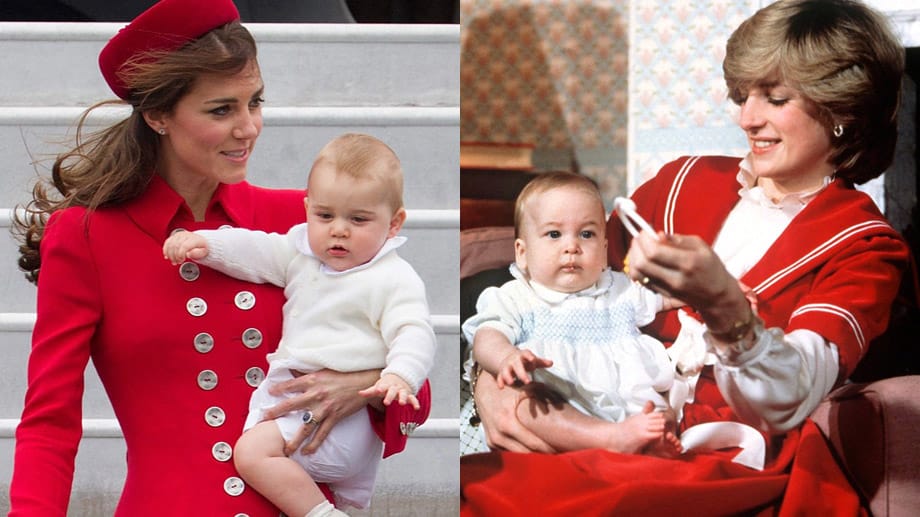 Parallelen sind vorhanden: Herzogin Catherine und Prinz George am 7. April 2014 bei der Ankunft in Neuseeland und Lady Diana 1984 mit Prinz William.