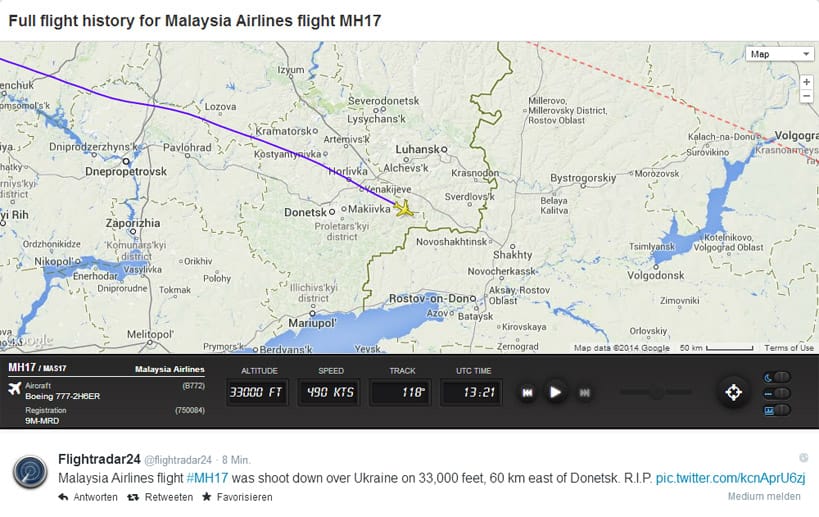 Eine Boeing 777 der Malaysia Airlines stürzt auf dem Weg von Amsterdam nach Kuala Lumpur über der Ostukraine. Die Grafik zeigt die Route des Flugzeugs bis zur Unglücksstelle.