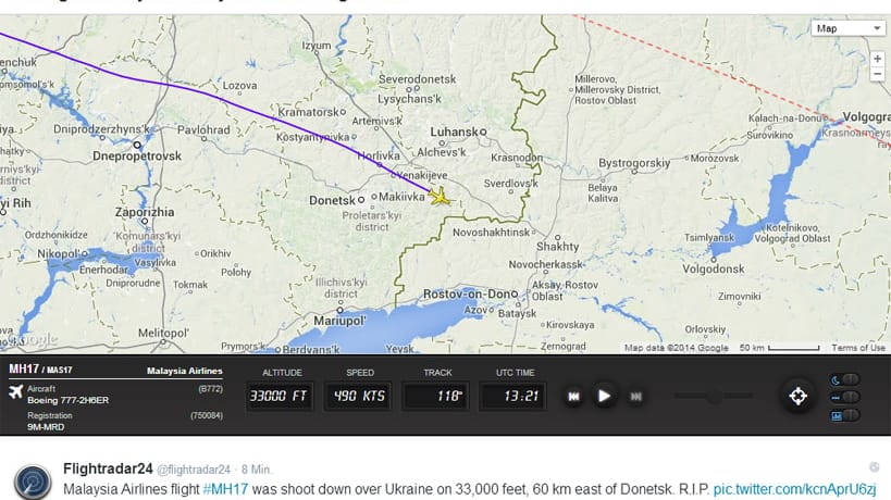 Eine Boeing 777 der Malaysia Airlines stürzt auf dem Weg von Amsterdam nach Kuala Lumpur über der Ostukraine. Die Grafik zeigt die Route des Flugzeugs bis zur Unglücksstelle.