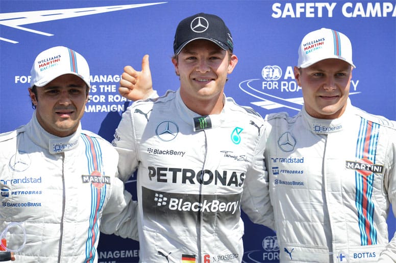 Daumen hoch: Nico Rosberg (Mitte) geht vor Valtteri Bottas (re.) und Felipe Massa (li.) ins Rennen.