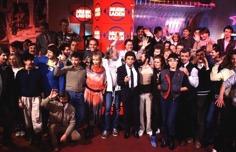 Manfred Sexauer (Mitte) mit seiner "Musikladen"-Crew. Das Bild stammt aus dem Jahr 1985.