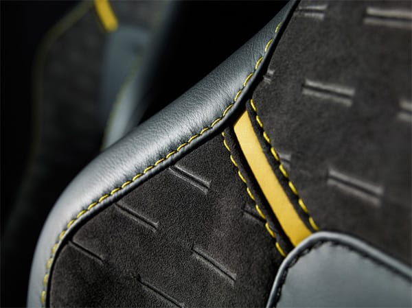 Das für Aston Martin typische feine Leder wird beim Coupé großflächig durch rutschfestes Alcantara ergänzt – beim Cabrio kommt geprägte Kuhhaut zum Einsatz.