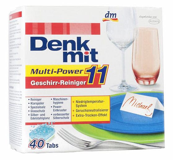 Die Multi-Tabs "Denkmit Multi-Power 11" (7 Cent pro Spülgang) der Drogeriekette "dm" haben die Tester überzeugt. Die Tabs erhielten die Note "gut" und wurden Testsieger.