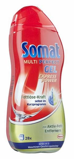 Das "Somat Multi-Perfect Gel" (23 Cent pro Spülgang) konnte die Tester nicht überzeugen. Kritikpunkt war die schlechte Reinigungskraft. Das Gel erhielt nur die Note "ausreichend".