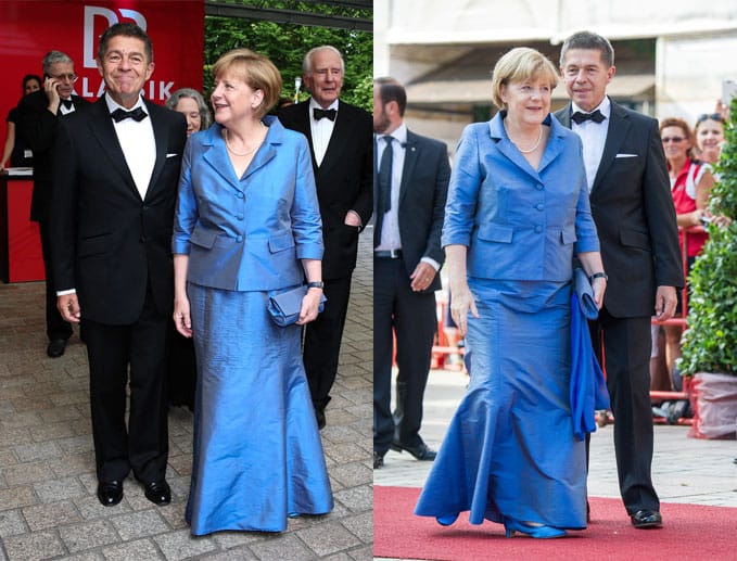 Dieses Outfit kommt uns bekannt vor: Bei den Bayreuther Festspielen 2014 trug Kanzlerin Angela Merkel ein blaues Ensemble (li.). Im gleichen Look war sie bereits im Vorjahr (re.) erschienen.