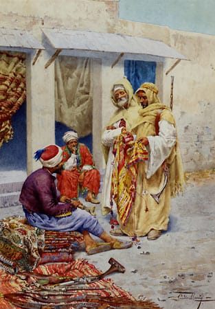 Der italienische Maler Giulio Rosati (1857 – 1917) war bekannt für seine Bilder orientalischen Motiven. Immer wieder tauchen dabei auf den Gemälden Teppichhändler mit ihrer Ware und Kunden auf. Über den Stil mag man geteilter Meinung sein – inhaltlich vermitteln sie einen guten Eindruck des Handels mit der oft edlen Ware.