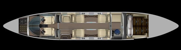 Auch der Innenraum des HondaJet hat einiges zu bieten. Der Grundriss zeigt Cockpit (links), Kabine und den privaten Waschraum (rechts).