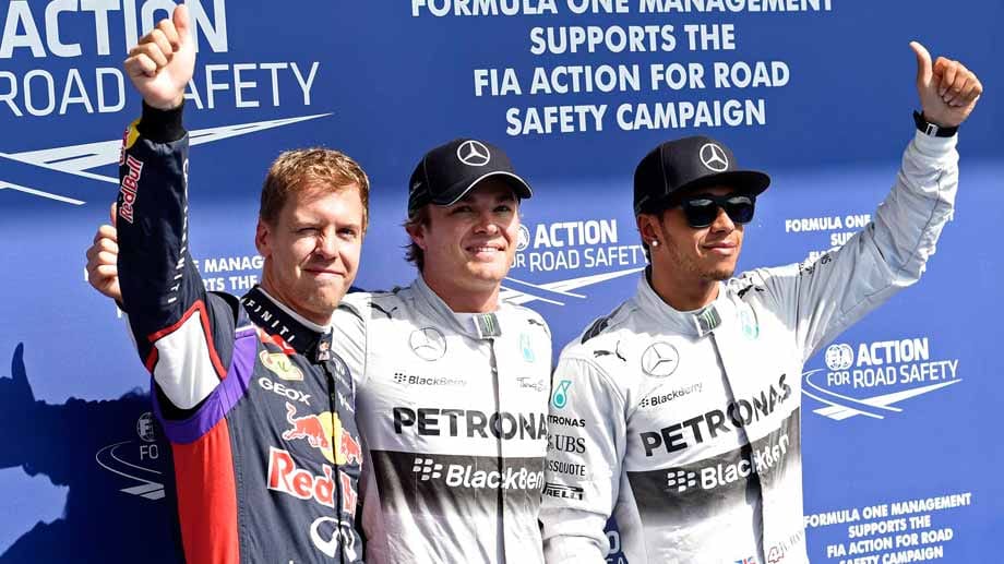 Hinter Rosberg (Mi.) sichern sich Hamilton (re.) und Vettel die weiteren vorderen Startplätze.