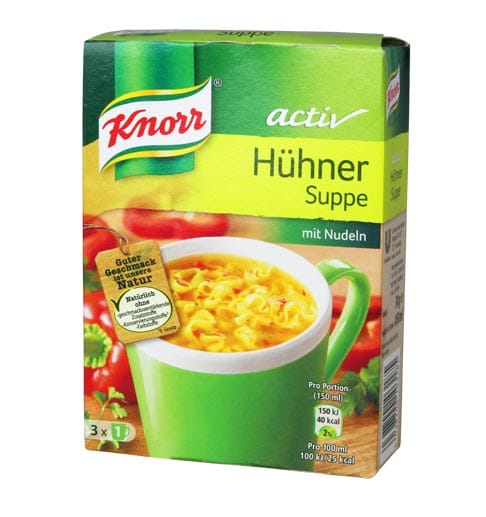 Die Knorr activ Hühnersuppe von Unilever steht bei den Verbraucherschützern ebenfalls auf der Liste: "Hühnersuppe ohne Hühnerfleisch, stattdessen nur mit 1 % Hühnerfett".