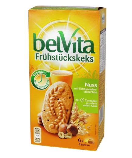 An dem "Belvita Frühstückskeks" von Mondelez kritisieren die Verbraucherschützer den hohen Zuckergehalt. Beworben werde der Keks aber als empfehlenswertes Frühstück.